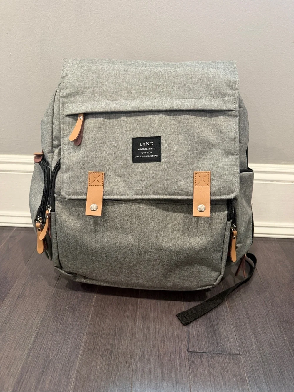 NWOT Land Grey Baby Diaper Bag Backpack with Tan Accents